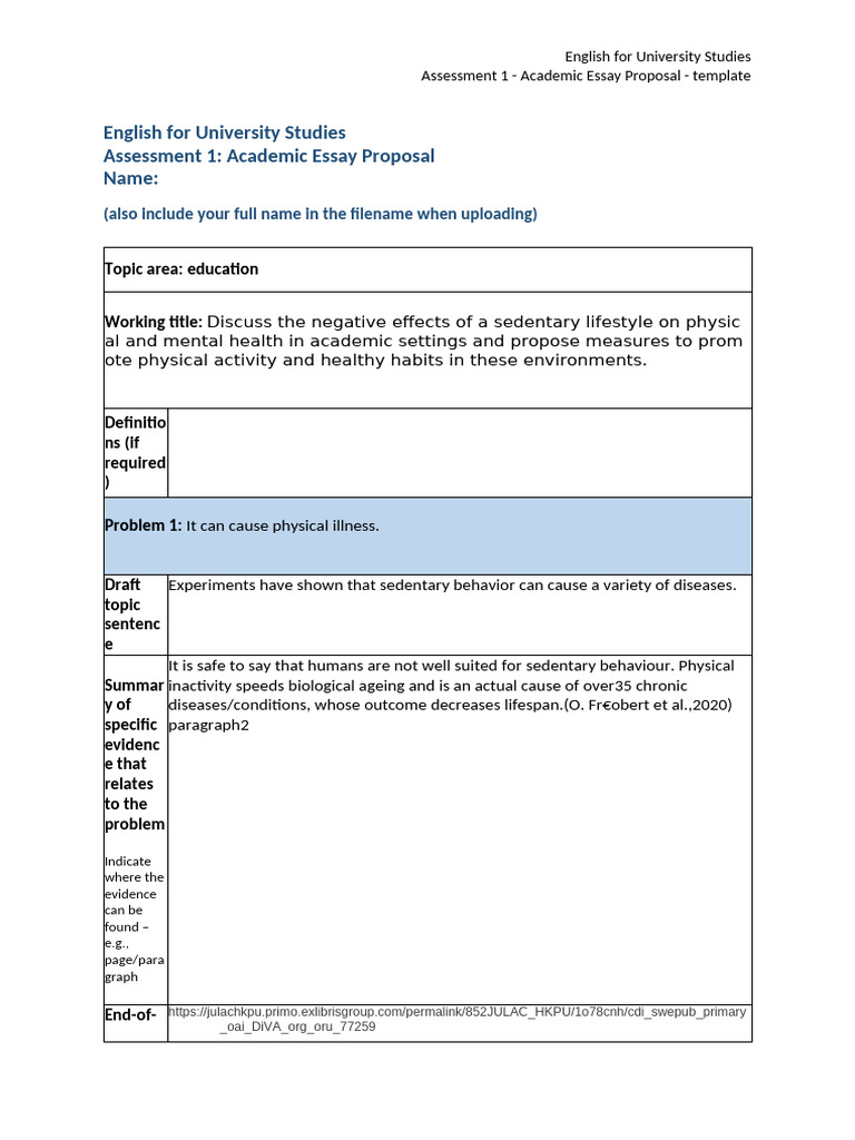 Assessment 1 - Academic Essay Proposal Template | PDF