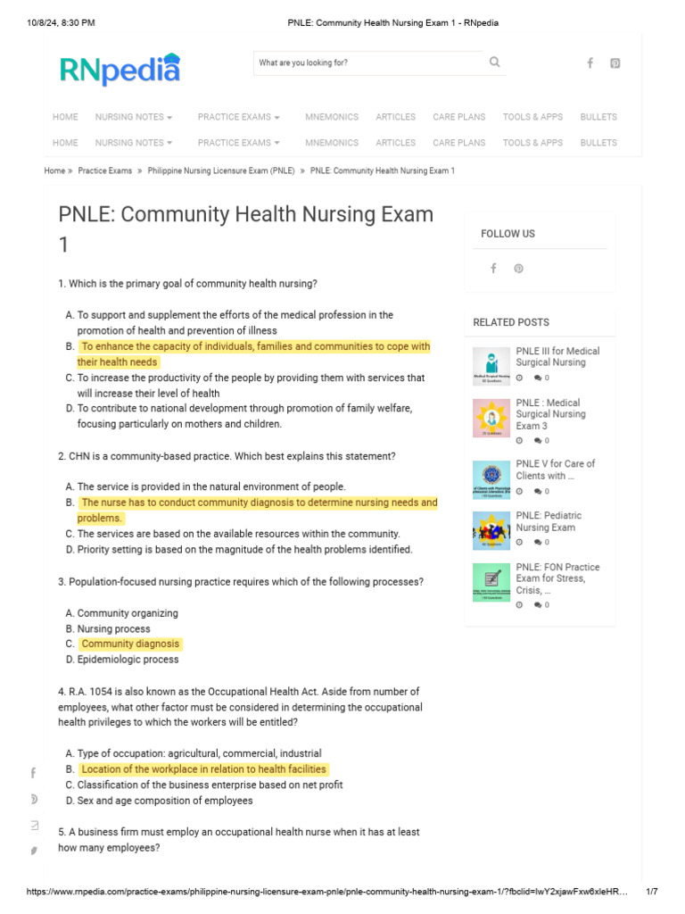 PNLE - Community Health Nursing Exam 1 - RNpedia | PDF | Midwife | Nursing