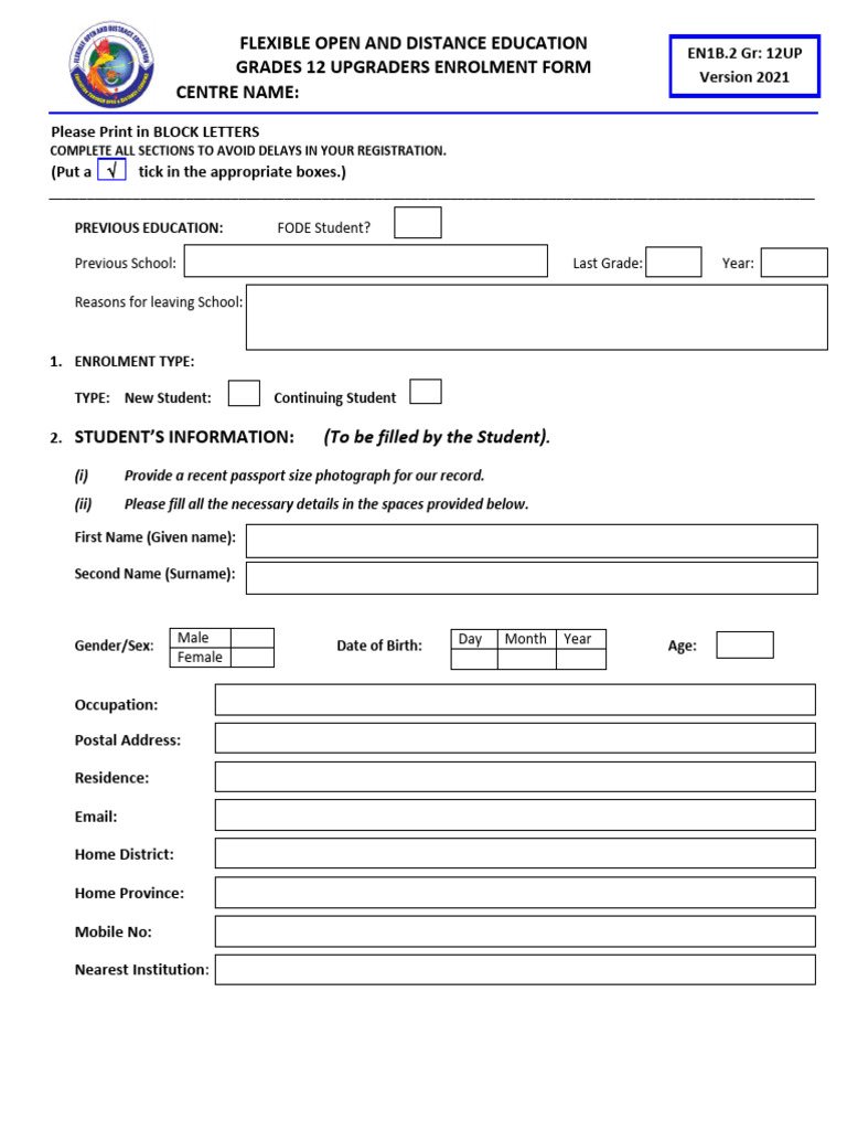 GR 12 UP Enrolment Form EN1 B. 2 Ver 2021 Revised | PDF