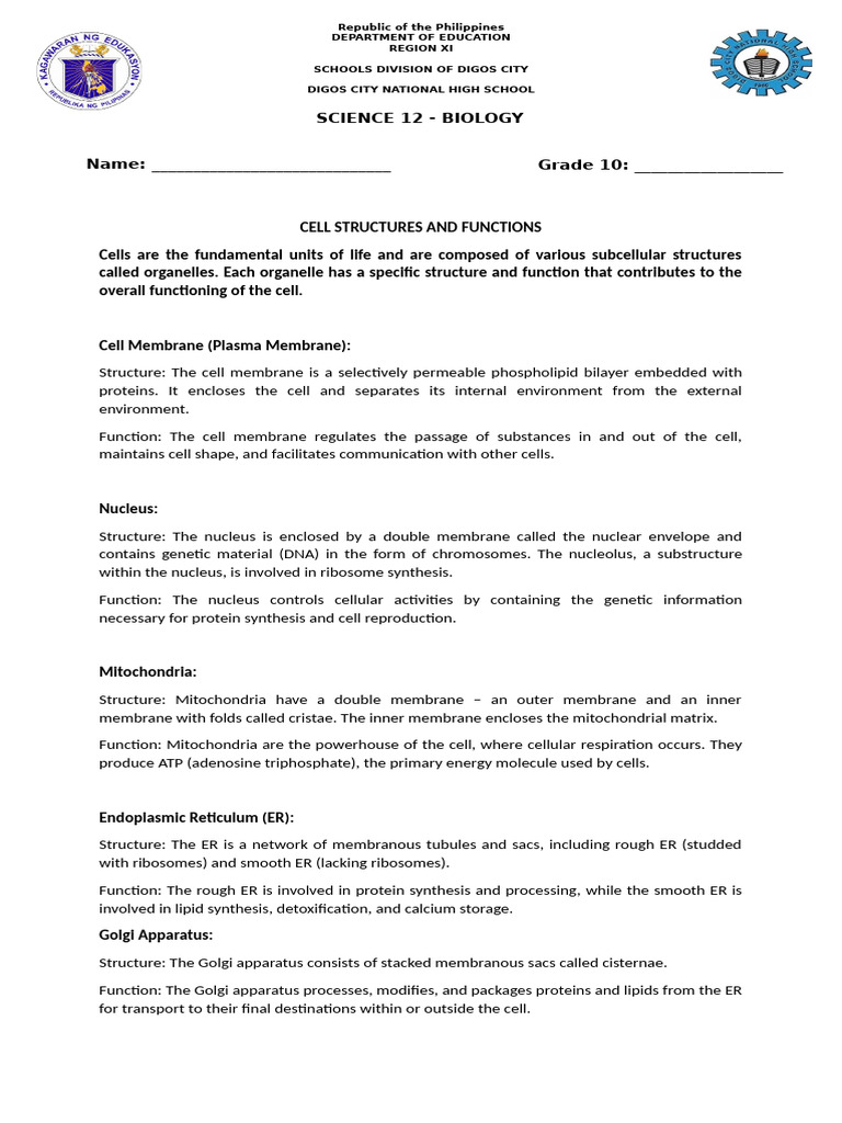 Cell Structure and Functions Module | PDF