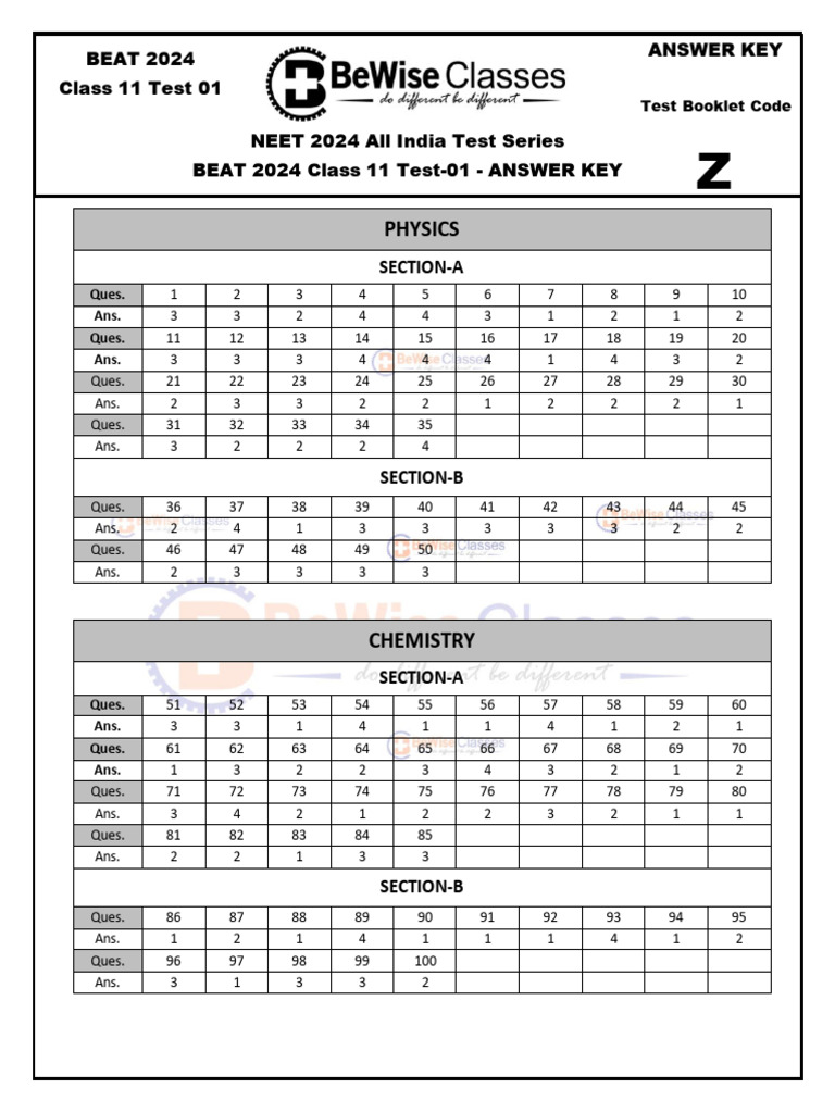 Beat Class Xi Full Test 01 Ans Key | PDF