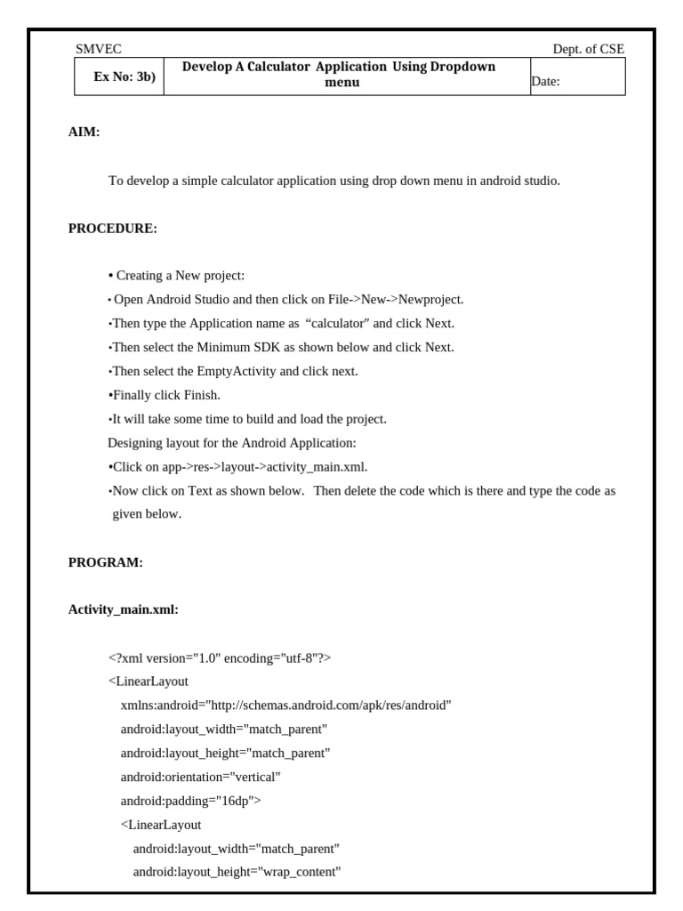 Ex No: 3b) : Develop A Calculator Application Using Dropdown Menu | PDF