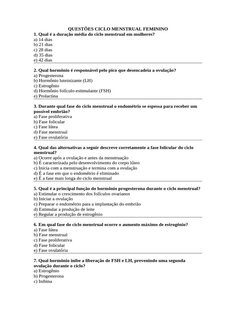 Questões Ciclo Menstrual Feminino | PDF