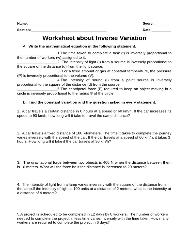 W2 Inverse Variation | PDF