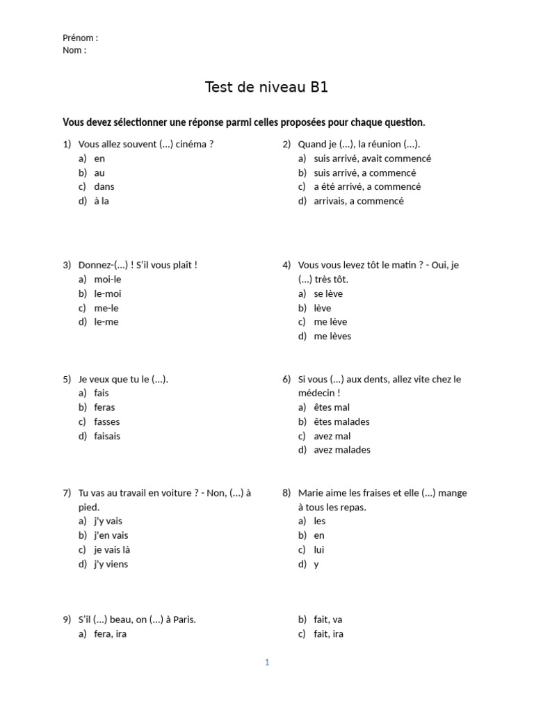 Test de Niveau B1 | PDF