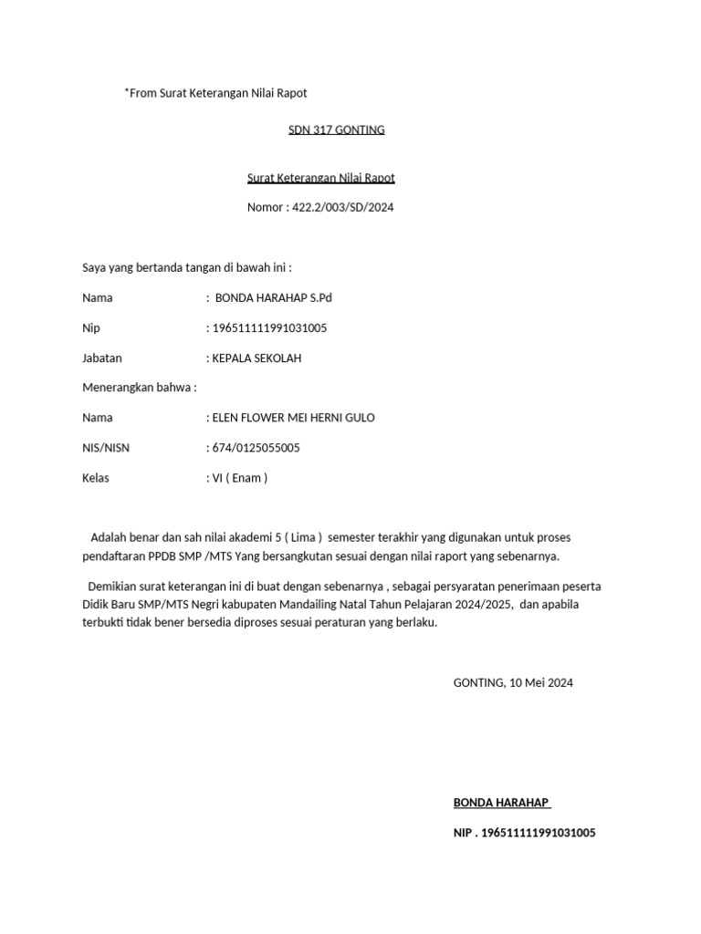 Surat Keterangan Nilai Rapot | PDF