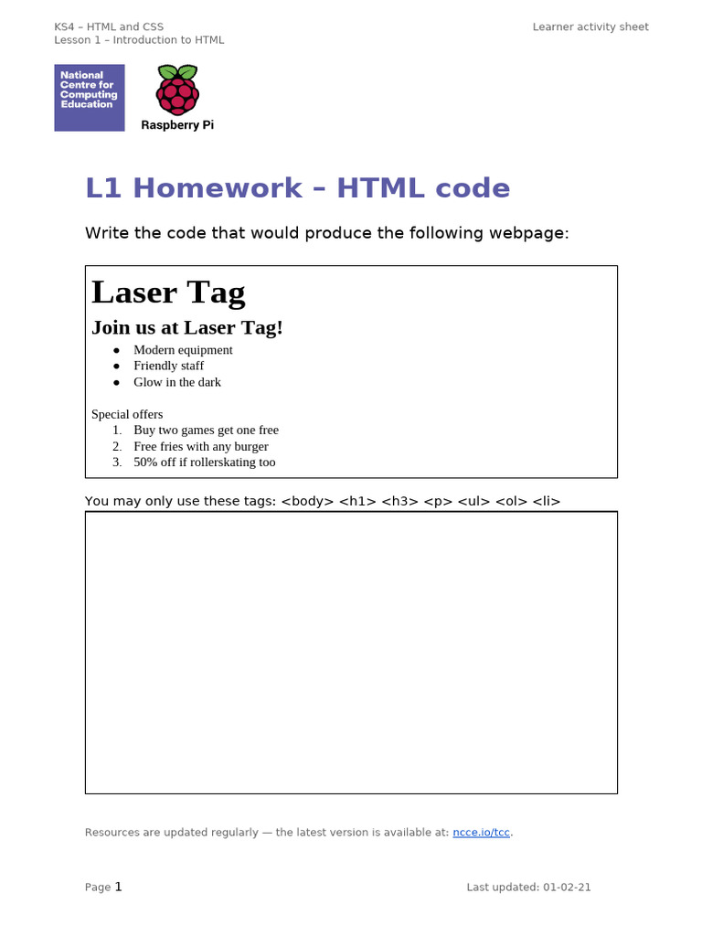 L1 Homework - HTML Code - KS4 | PDF