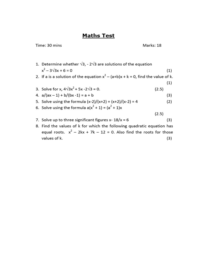 Maths Test Paper Quadratic Equation | PDF