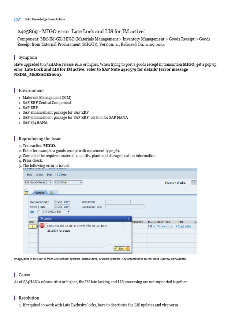 MIGO Error 'Late Lock and LIS For IM Active': Symptom | PDF