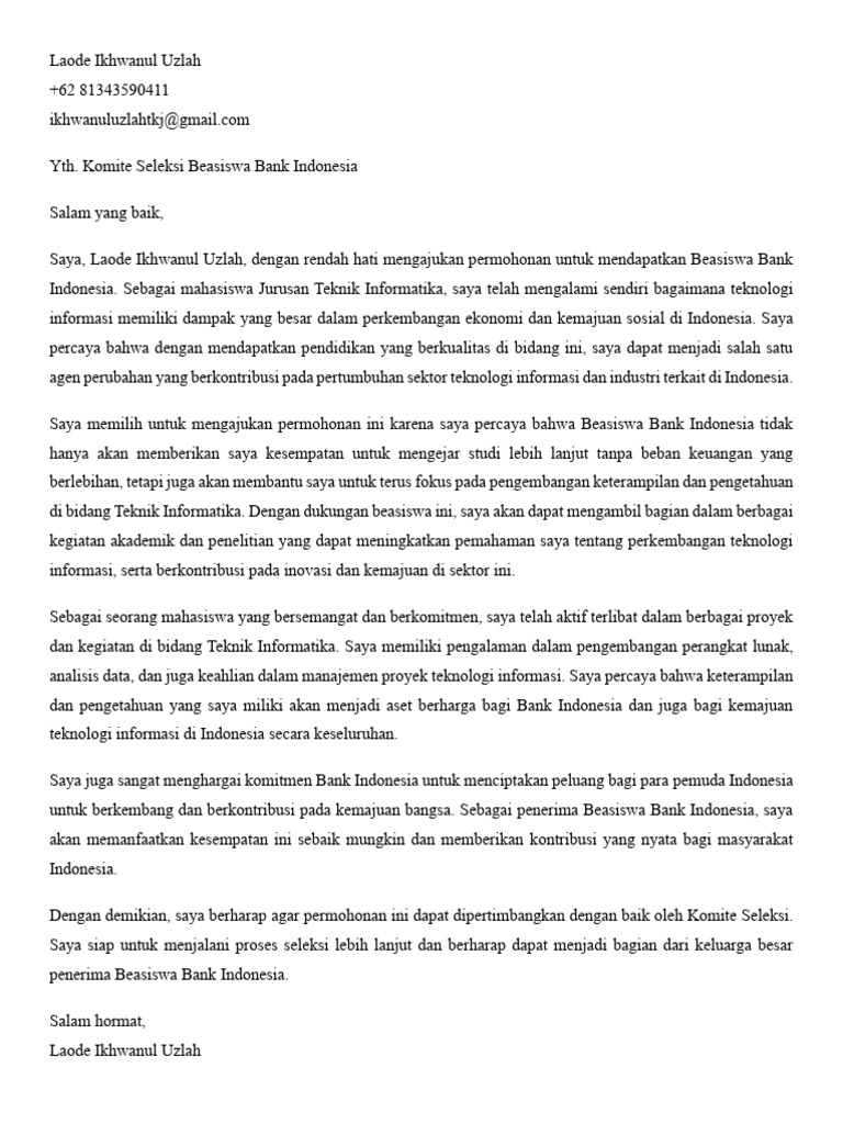 Motivation Letter Beasiswa | PDF