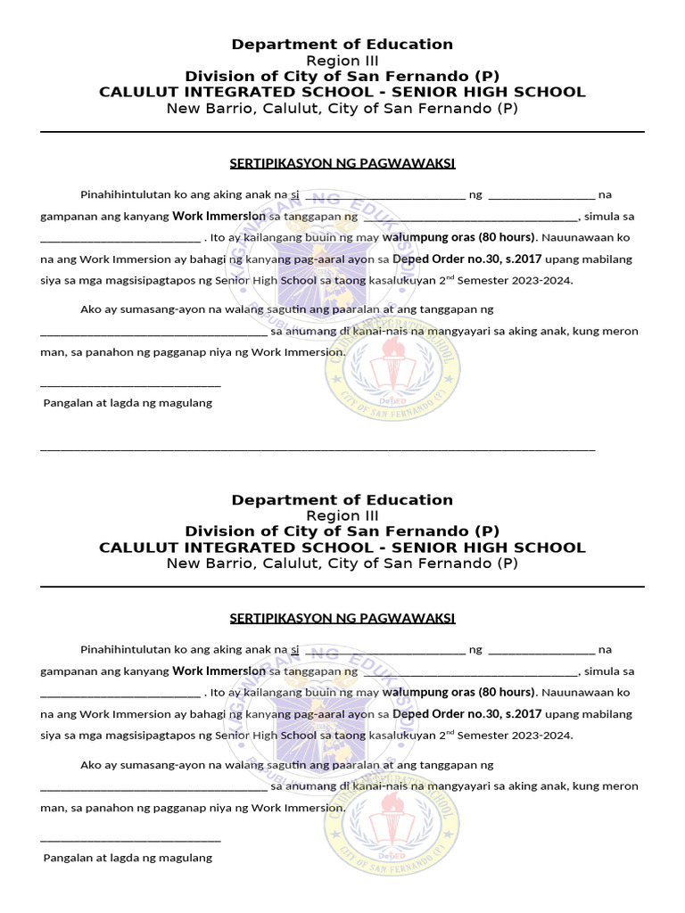 WAIVER Work Immersion | PDF
