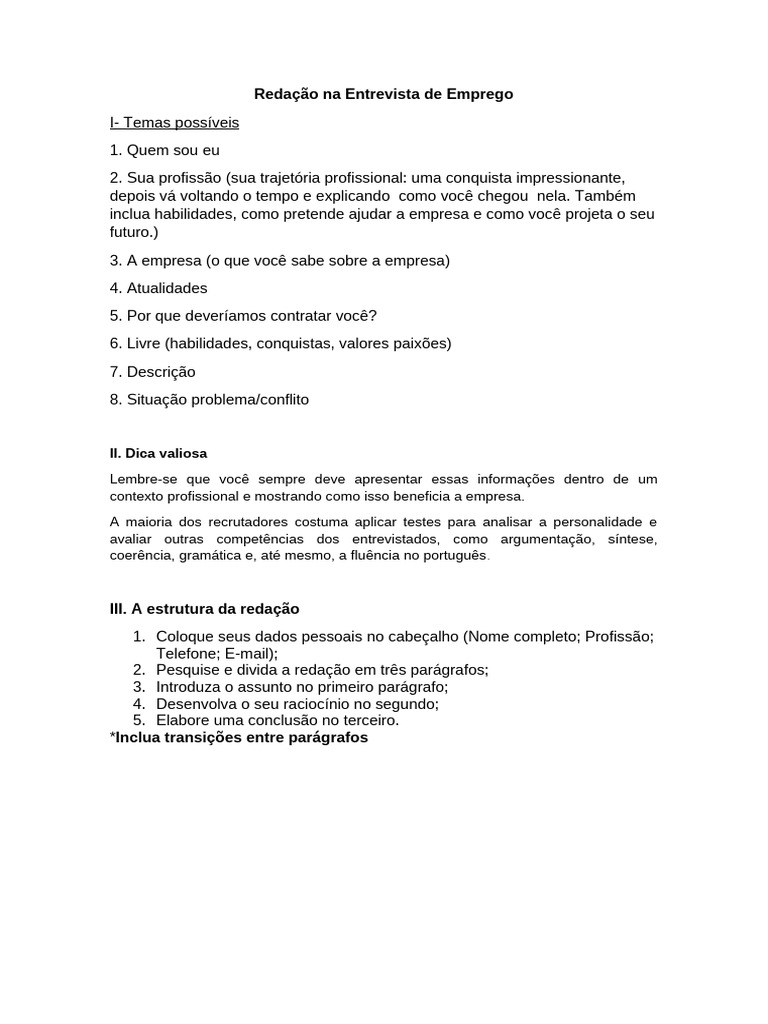 Redação para Entrevista de Emprego | PDF