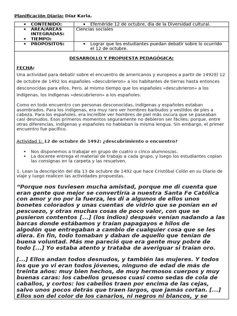 Planificación Diaria 12 de Octubre | PDF | Cristobal colon