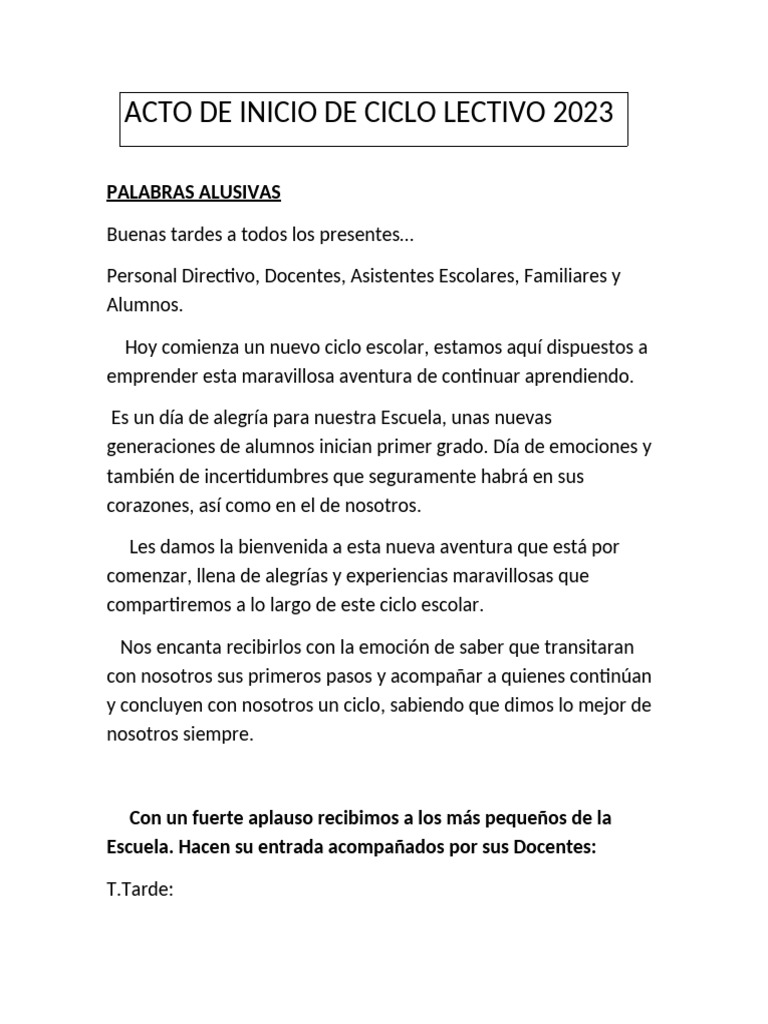 ACTO DE INICIO DE CICLO LECTIVO 2023 Modificado | PDF | Estudios de ...