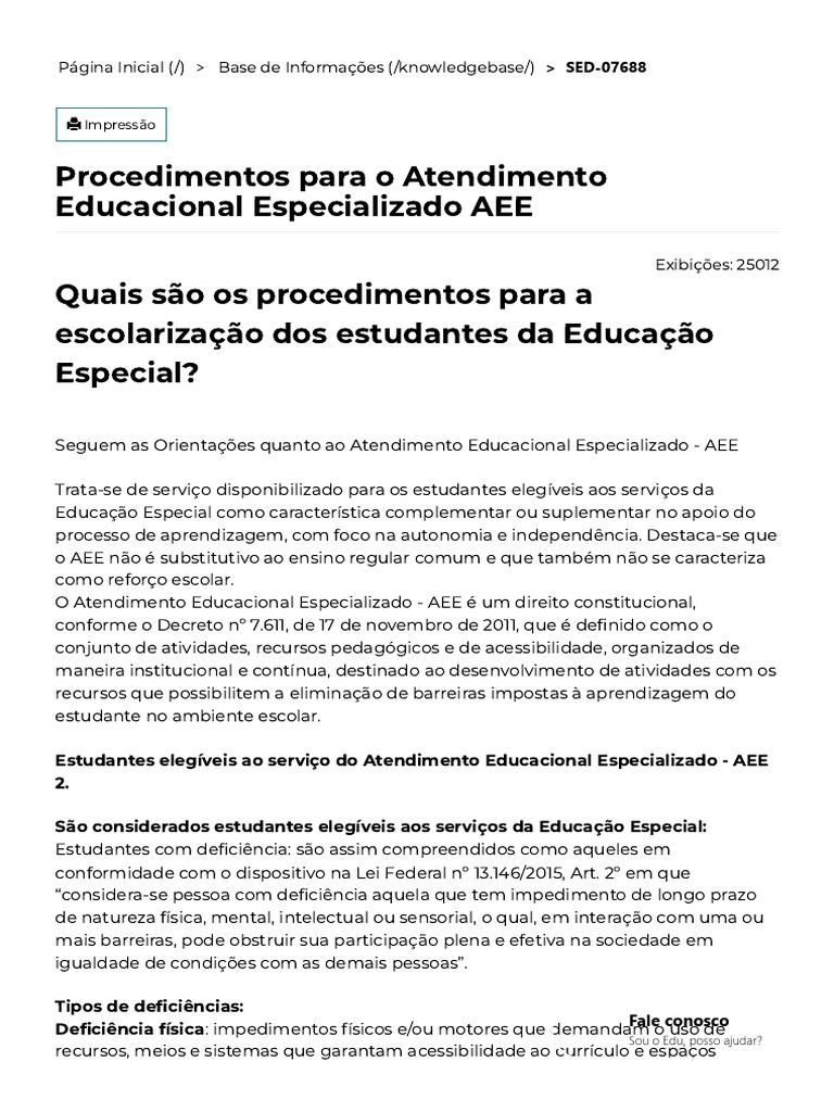 Procedimentos para o Atendimento Educacional Especializado AEE | PDF