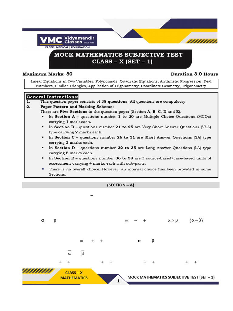 Mock Mathematics Subjective Test Class X (Set 1) : Maximum Marks: 80 ...