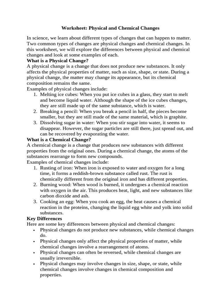 Phycial and Chemical Change Worksheet | PDF