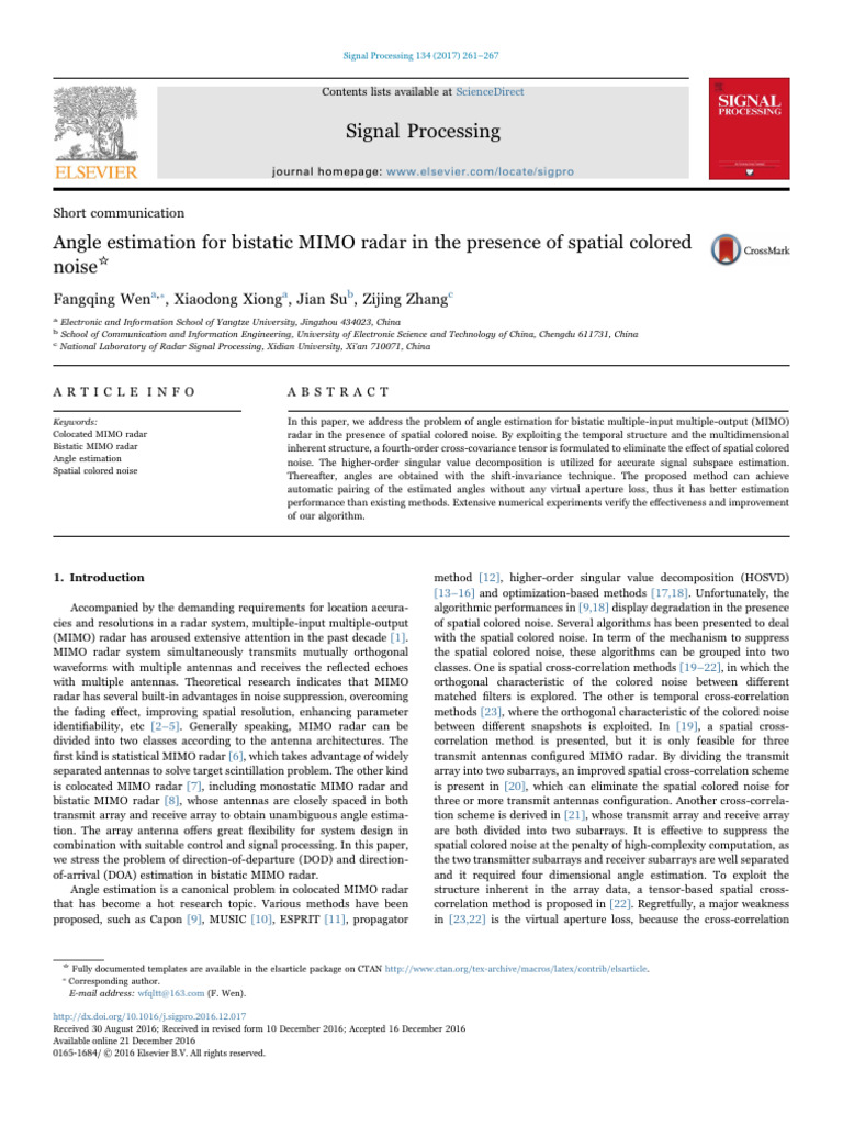 Angle Estimation For Bistatic MIMO Radar in Sptial Colored Noise | PDF