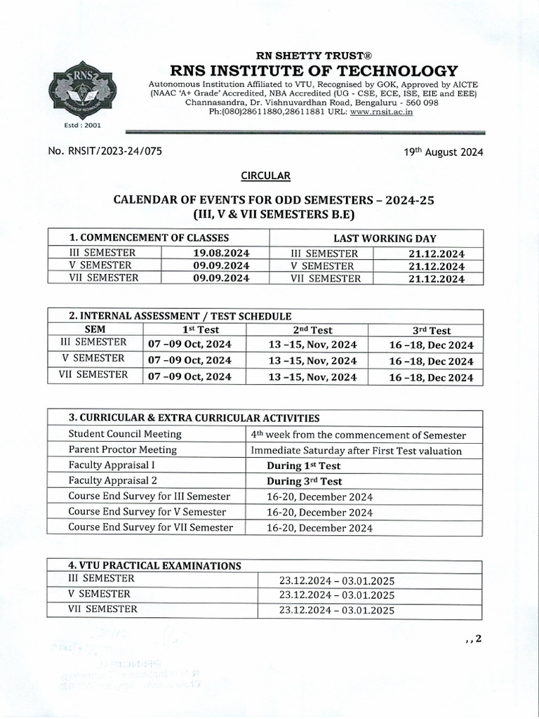 Calendar of Events For ODD Semesters 2024 - 25 | PDF