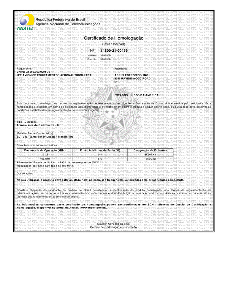 Certificado de Homologação Anatel - ELT 345 | PDF