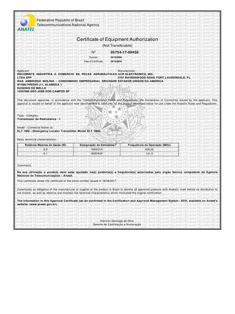 Certificado de Homologação ANATEL - ELT 1000 | PDF