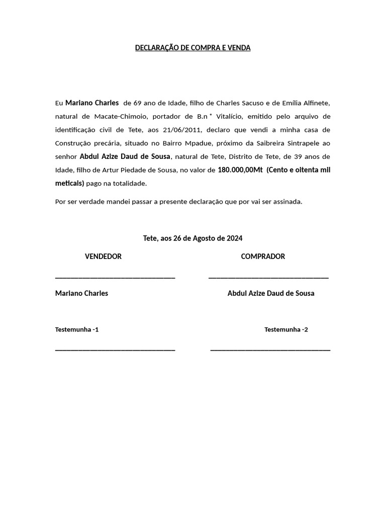 Declara o de compra e venda pdf