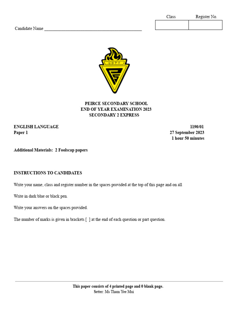 English Eoy Paper 1 | PDF