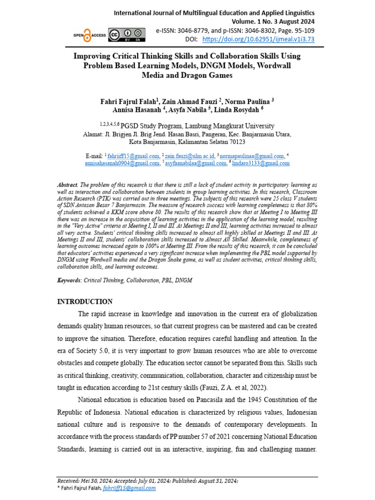 Improving Critical Thinking Skills and Collaborati | PDF