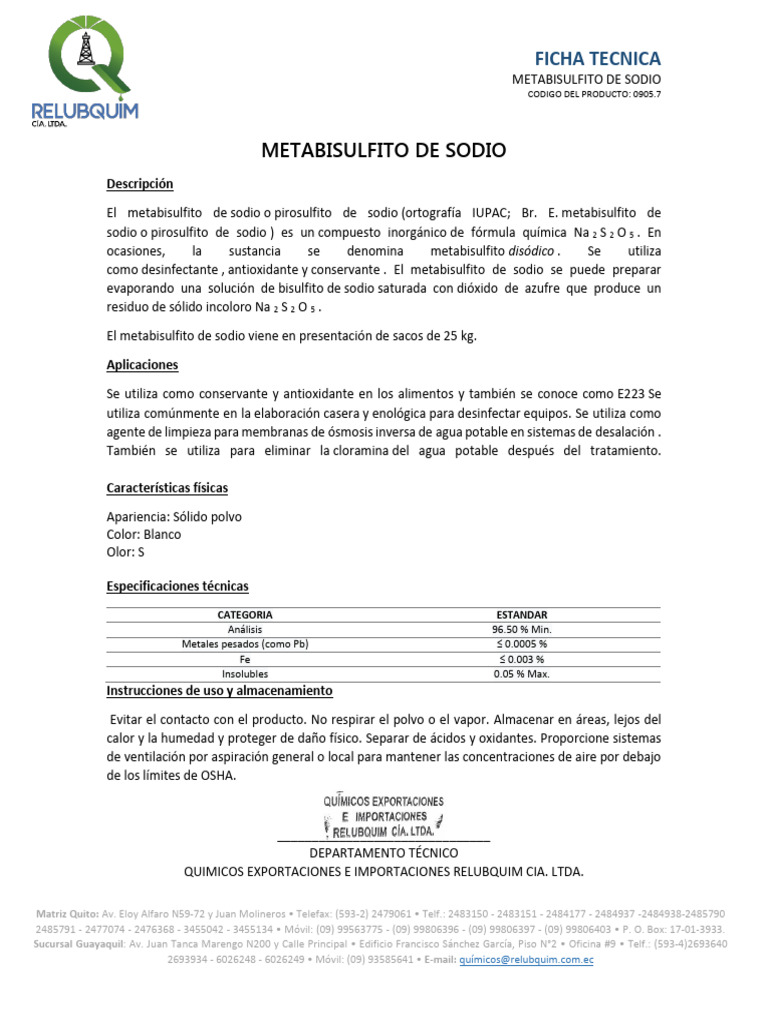 Metabisulfito de Sodio | PDF