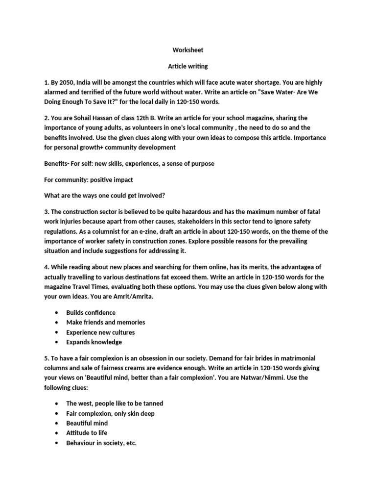 Article Writing Topics for Class 12 | PDF | Psychology | Social Science