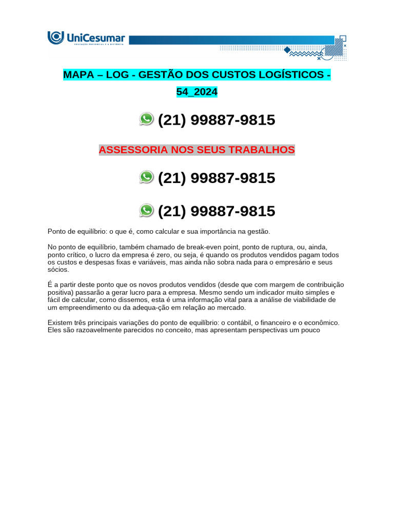 Ponto de Equilíbrio Econômico: Cálculos e Importância | PDF | Despesa ...