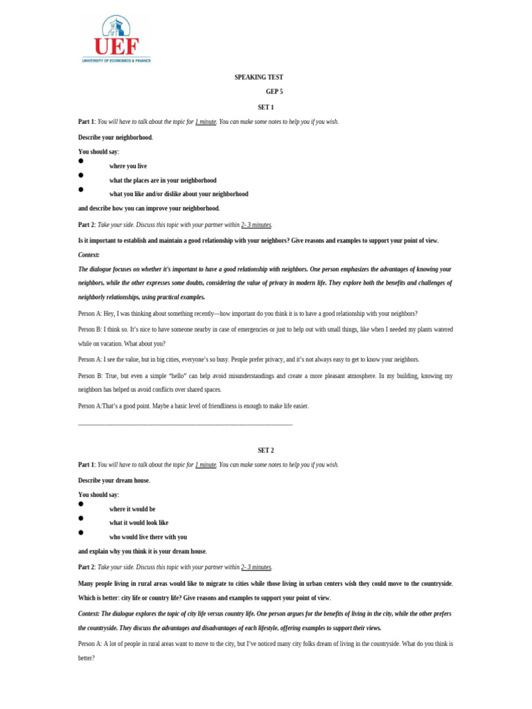 GEP 5 Speaking Test - Test Sets Updated | PDF
