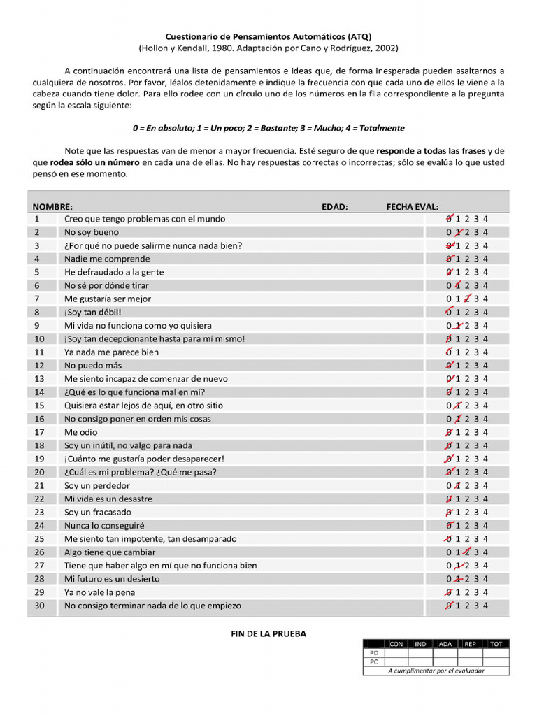 Cuestionario de Pensamientos Automaticos Negativos ATQ-30-1 | PDF