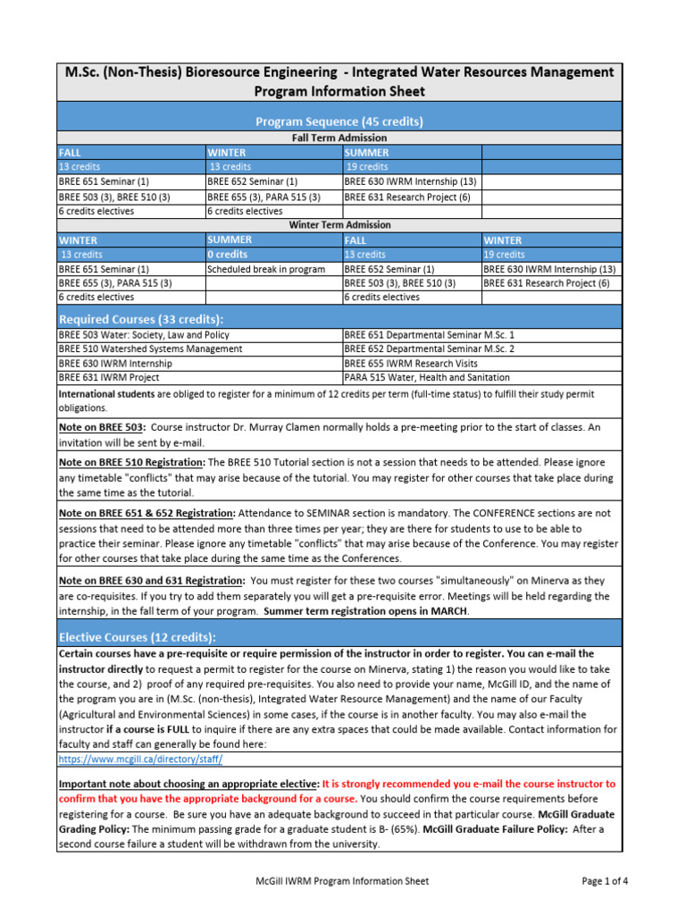 Mcgill Iwrm Program Information Sheet | PDF