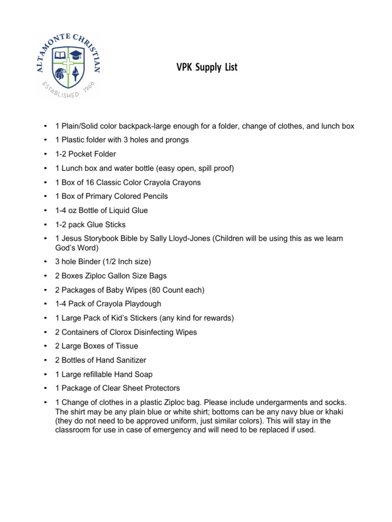 VPK Supply List 2024-2025 | PDF