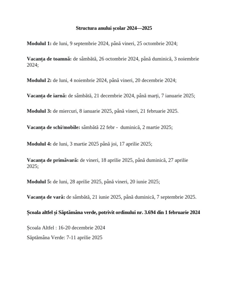 Structura An Scolar 2024-25 | PDF