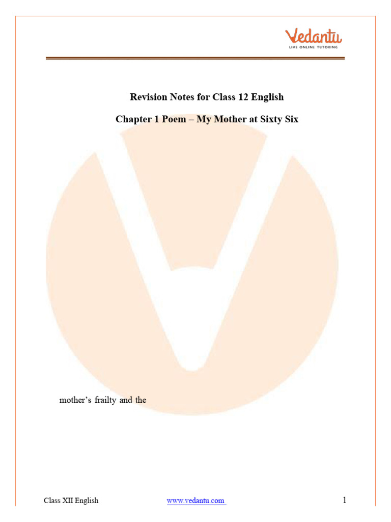 Cbse class 12 english notes chapter 1 poem my mother at sixty six pdf pdf