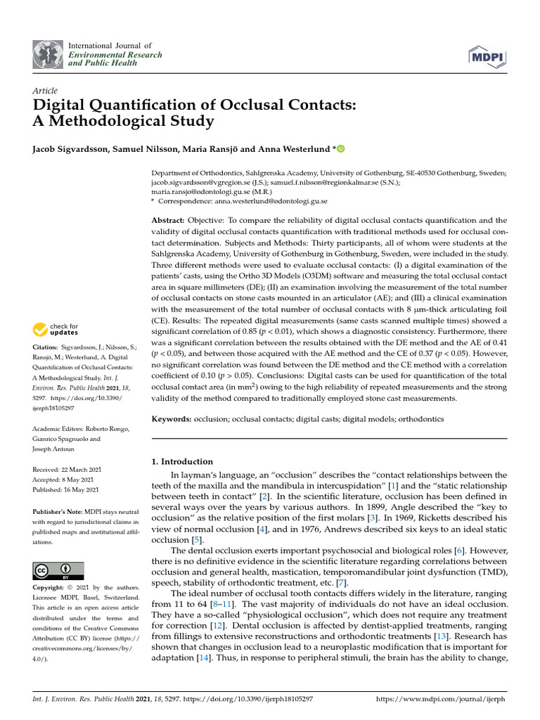 Digital Quantification of Occlusal Contacts A Methodological Study | PDF