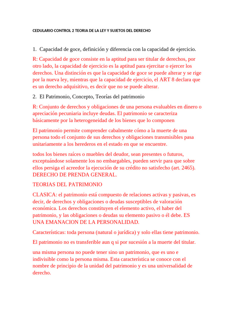 Cedulario Control 2 Teoria de La Ley y Sujetos Del Derecho | PDF