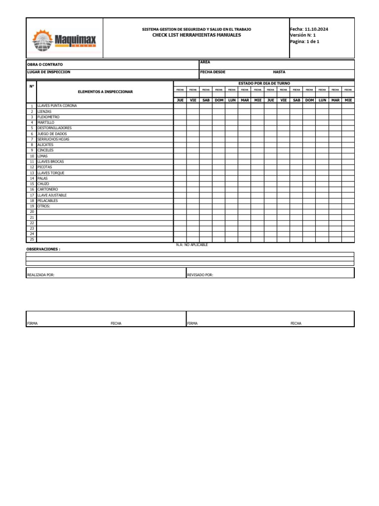 Herramientas manuales check list formato pdf