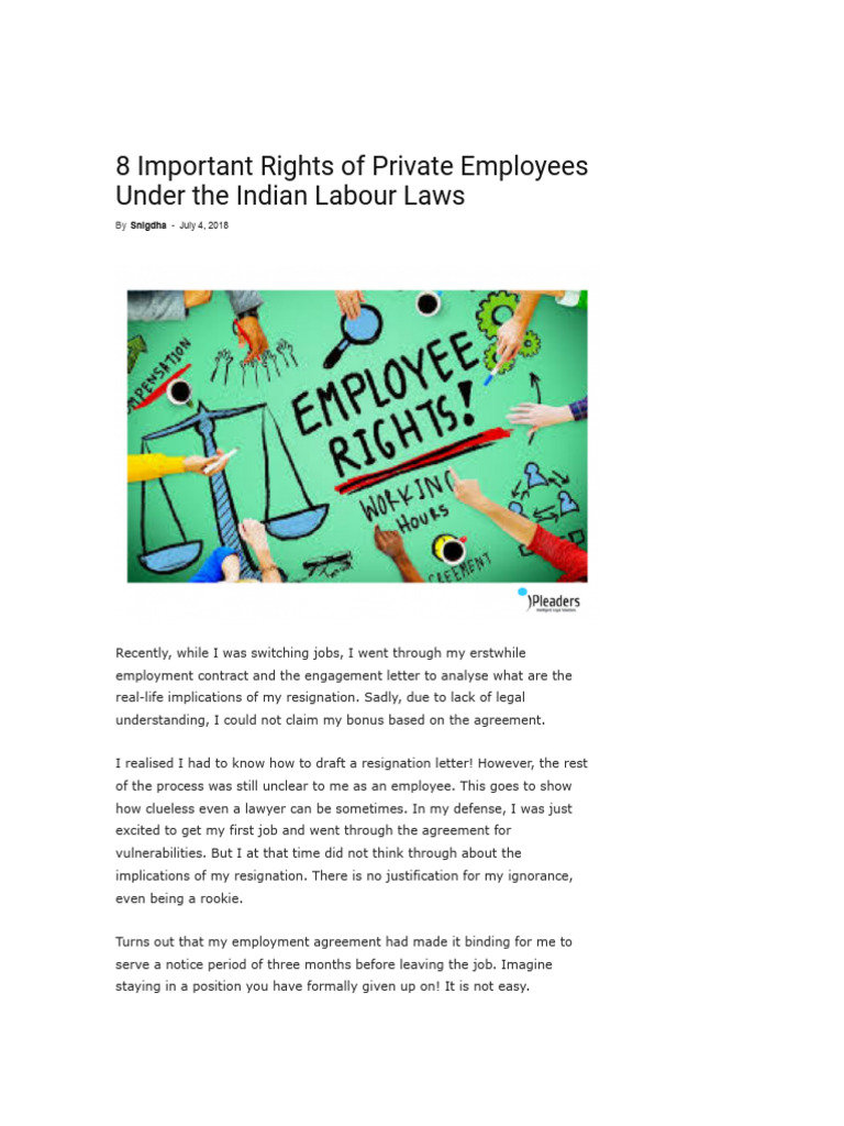 8 Important Rights of Private Employees Under The Indian Labour Laws | PDF