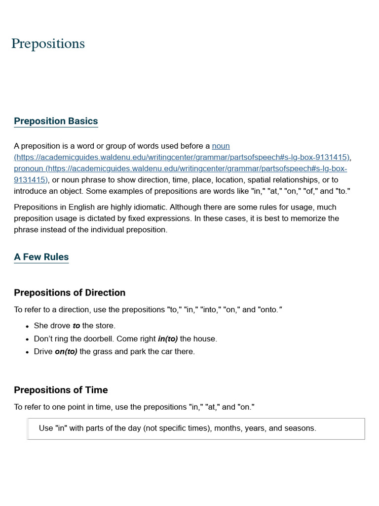 Prepositions Grammar Academic Guides At Walden University Pdf