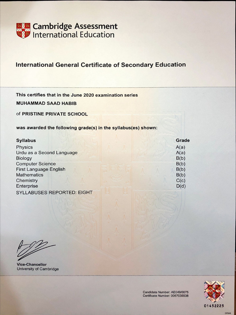 Muhammad Saad Habib IGCSE Transcript Front & Back Complete | PDF