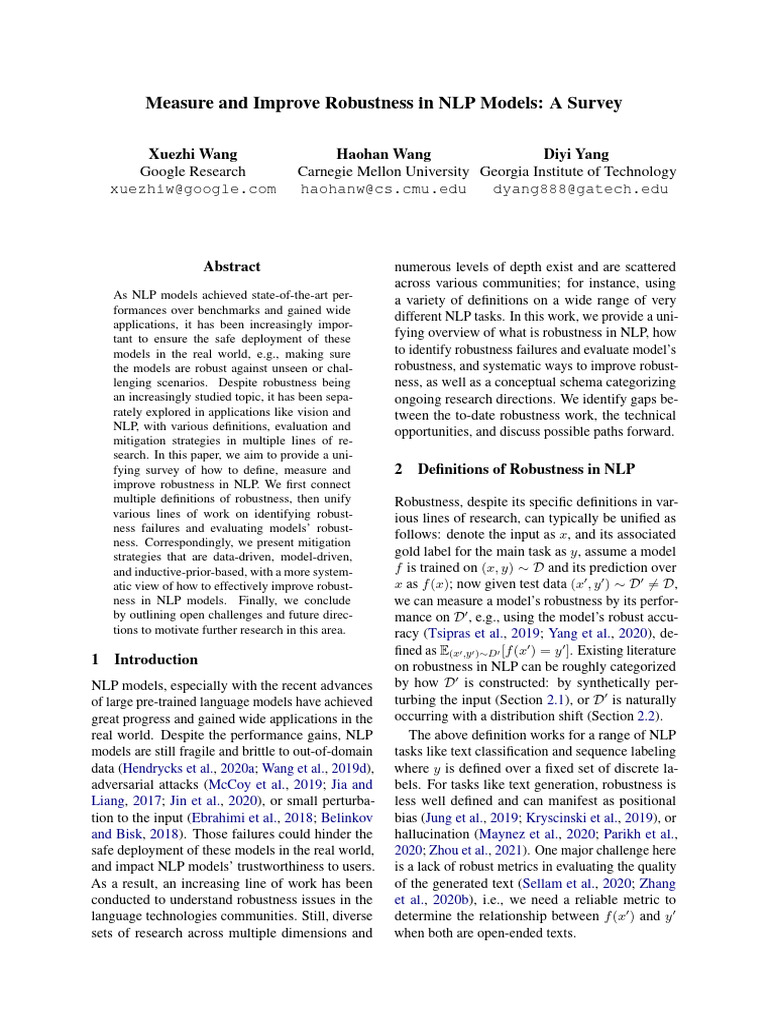 Measure and Improve Robustness in NLP Models: A Survey | PDF