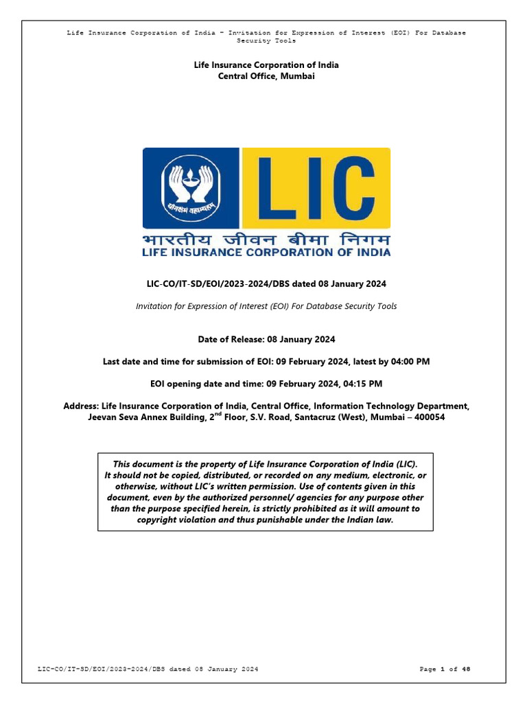 LIC - EOI For Database Security Tools | PDF | Databases | Finance ...