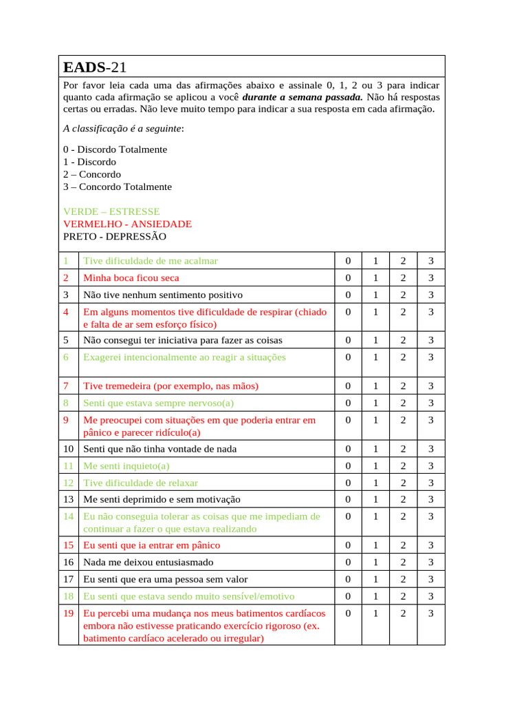 Escala de Estresse Ansiedade e Depressão - 21 | PDF