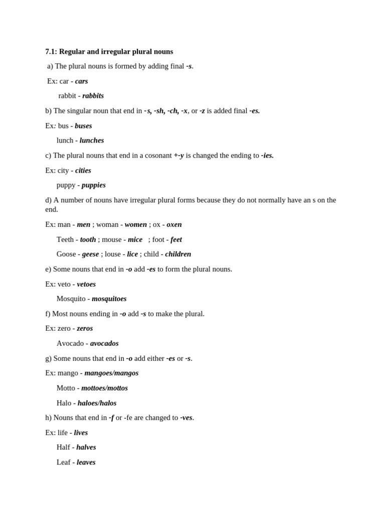 7.1: Regular and Irregular Plural Nouns | PDF