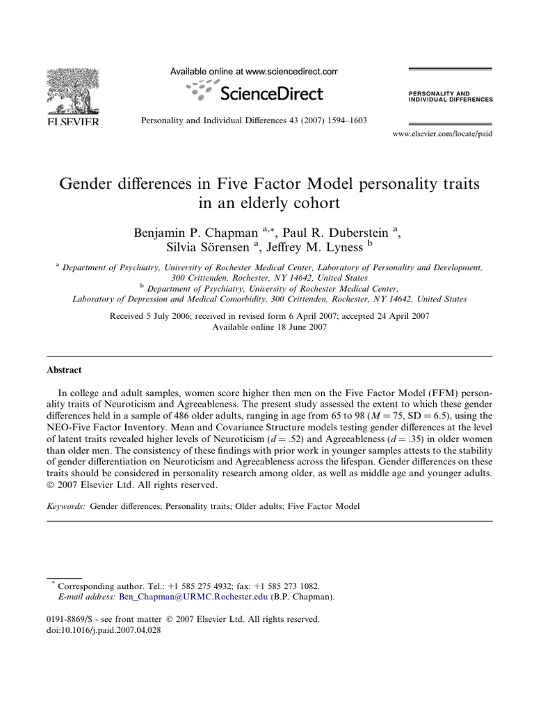 Gender Differences in Five Factor Model Personality Traits | PDF