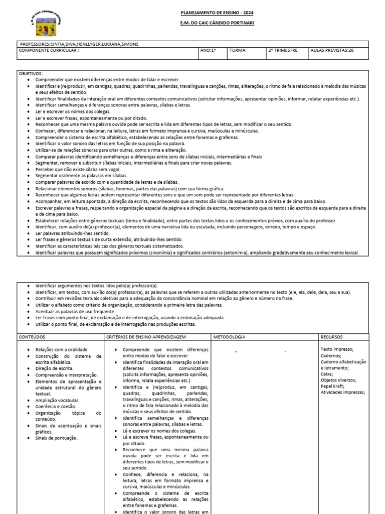 Planejamento de Ensino 1º Ano 2024 | PDF | Palavra | Fonema