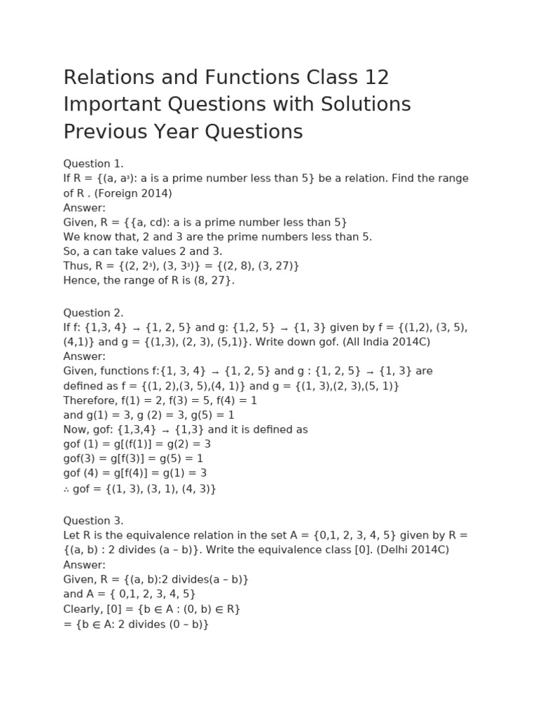 Class 12 Relations and Functions Q&A | PDF | Function (Mathematics ...